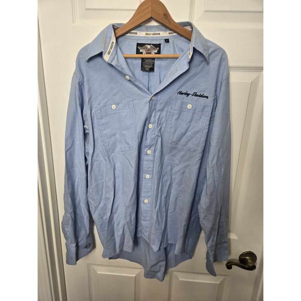 Harley Davidson Embroidered Logo Long Sleeve Button Up Oxford Shirt Blue Mens L